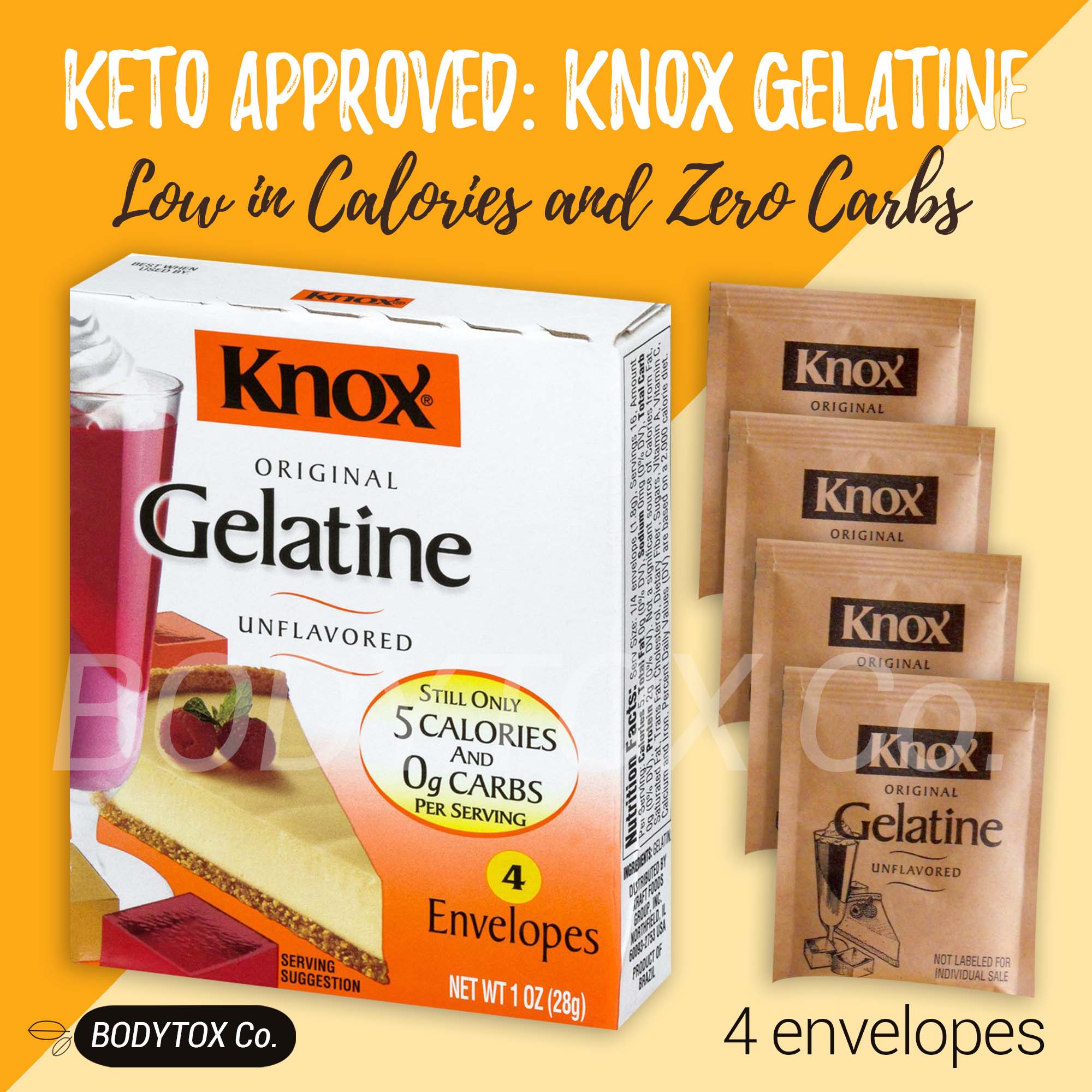 KNOX GELATINE Original Unflavored, 4 envelopes repacked or 1 box