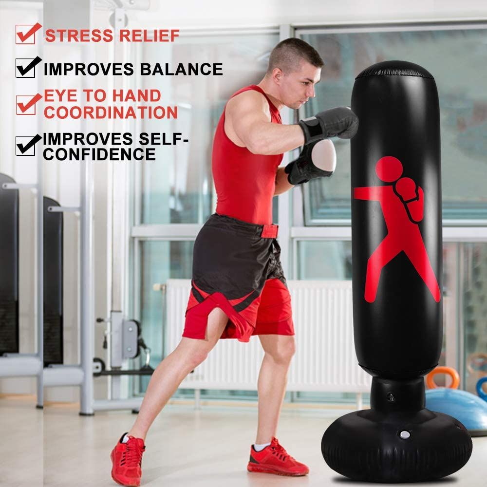 62in/160cm Free standing Punch Bags Boxing Tumbler Column Sandbag for Fitness Practicing Karate Taekwondo MMA Kick Training Kid Adults Boxing Toy Inflatable Punching Bag for Kids 