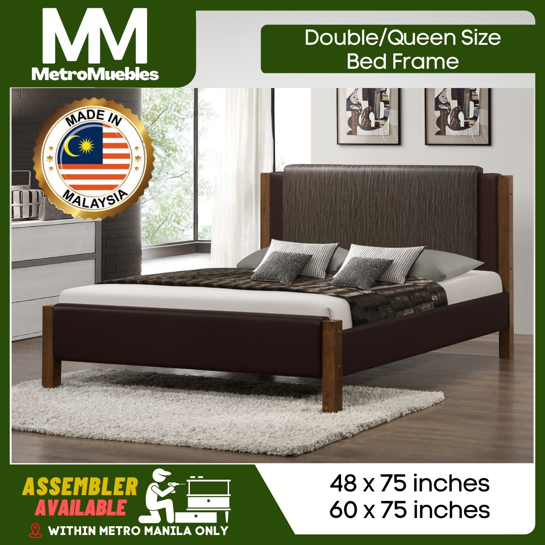 Double/Queen Size Bed Frame Solid Post Wenge Brown Leatherette
