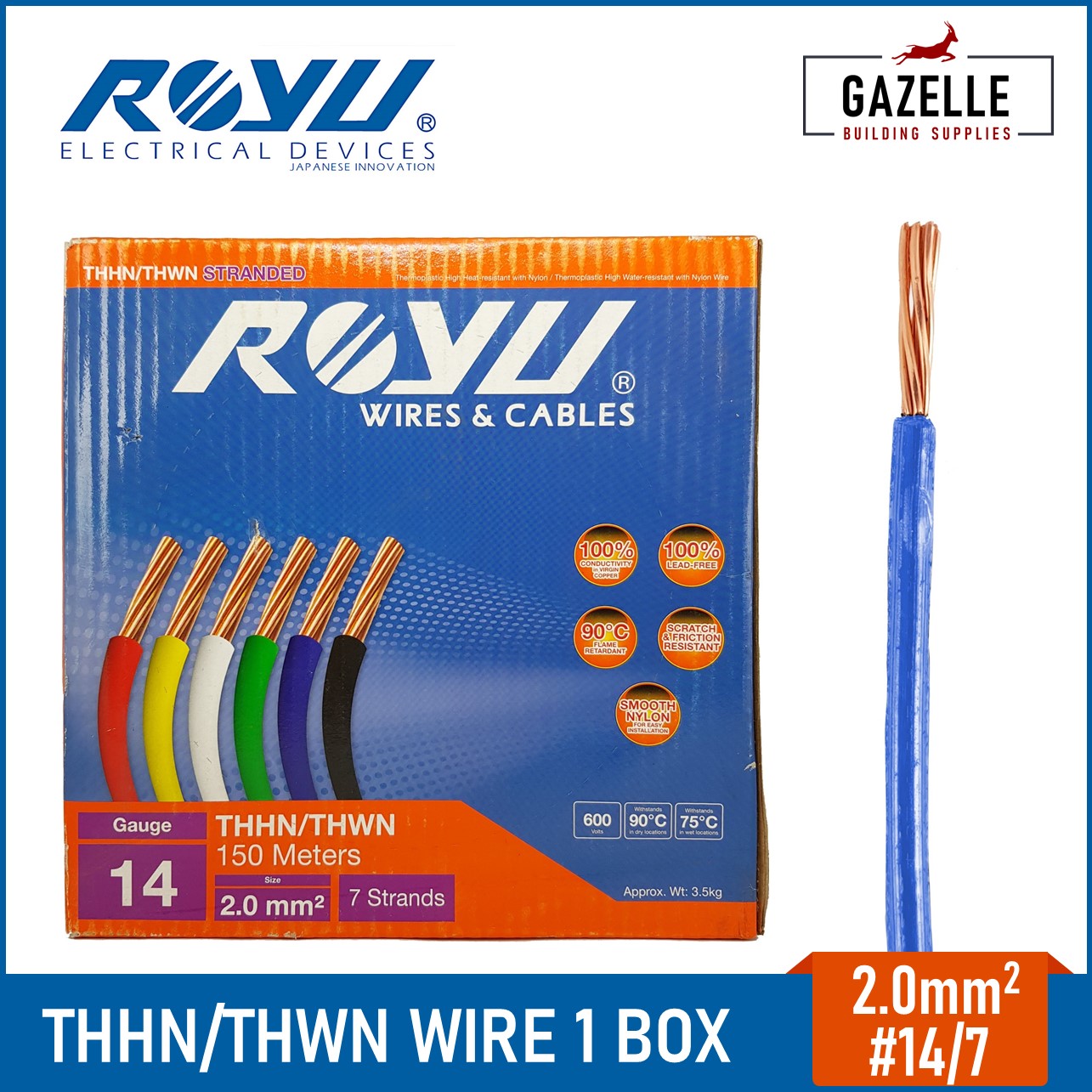 Royu THHN / THWN2 Stranded Wire Gauge 14 2.0mm2 (Per Box 150 Meters) Copper Lead Free Lazada PH