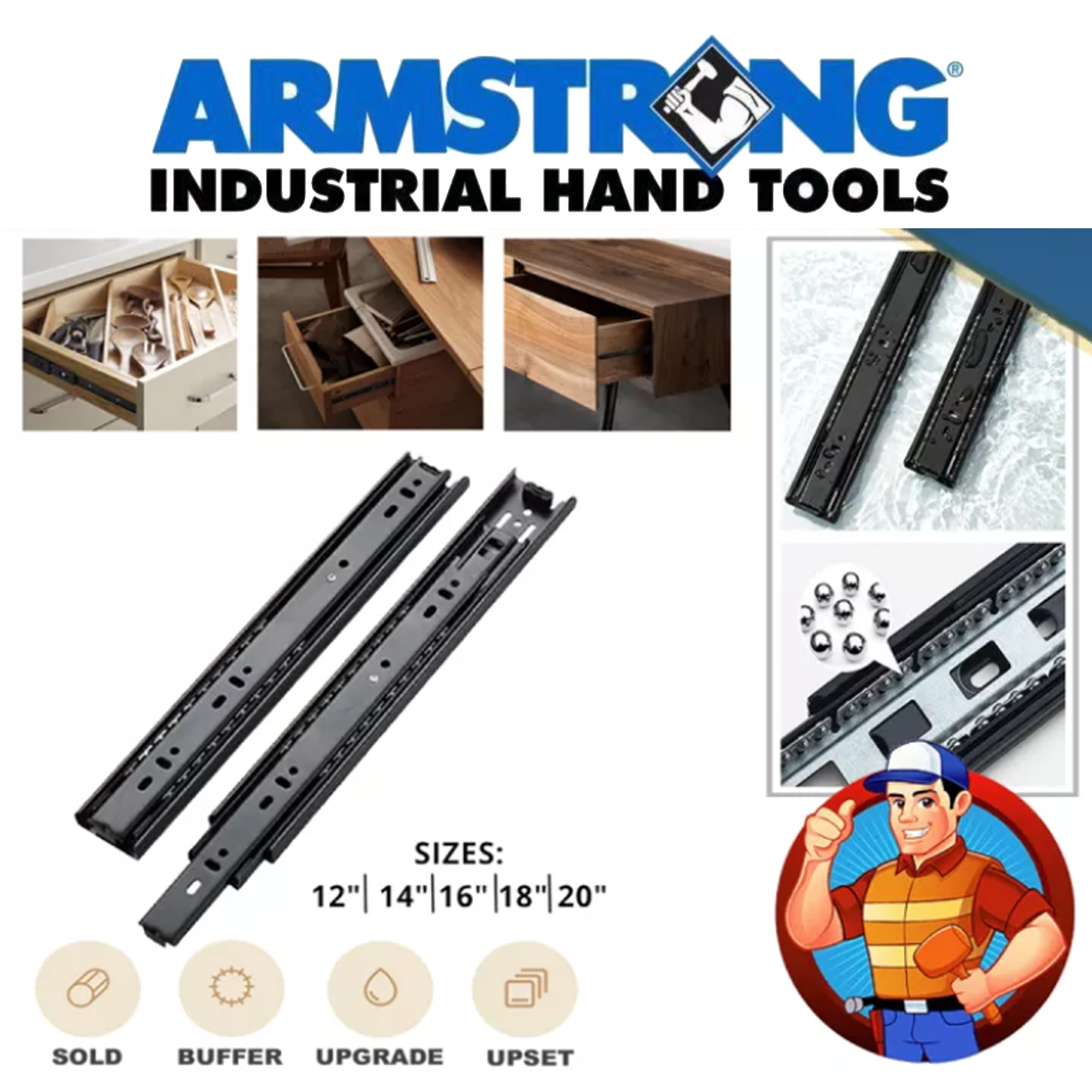 ARMSTRONG Drawer Guide Full Extension Steel Drawer Ball Bearing 3 Fold