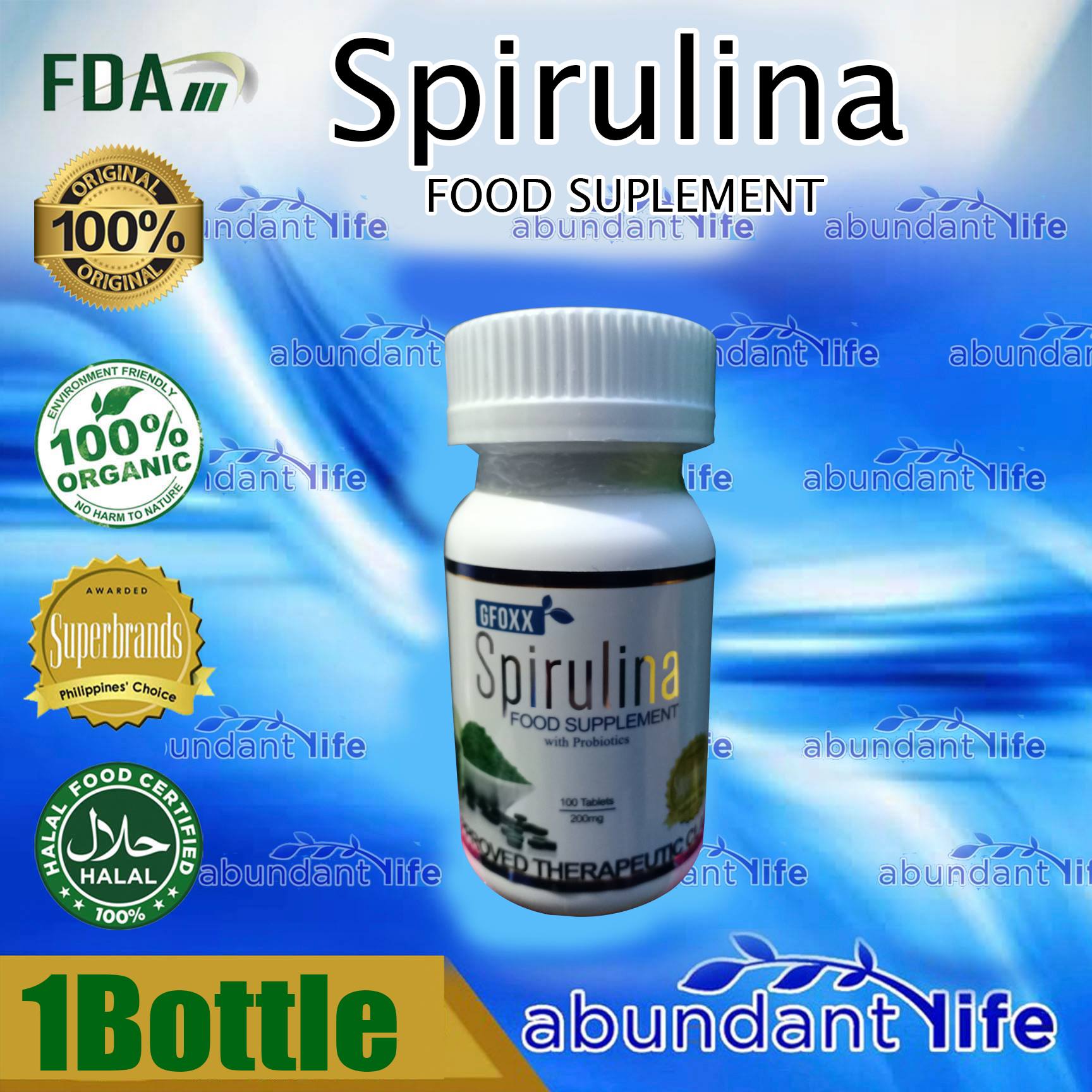 1 Bottle Spirulina Food Supplement with Probiotics 100 Tablets 200mg by GFOXX 100 Athentic and