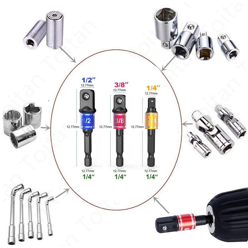 Impact Grade Power Hand Tools Driver Sockets Adapter Extension Set, 3Pcs Hex Shank Drill Nut Driver Bit Set + 105 Degree Right Angle Driver Extension Screwdriver Drill Attachment