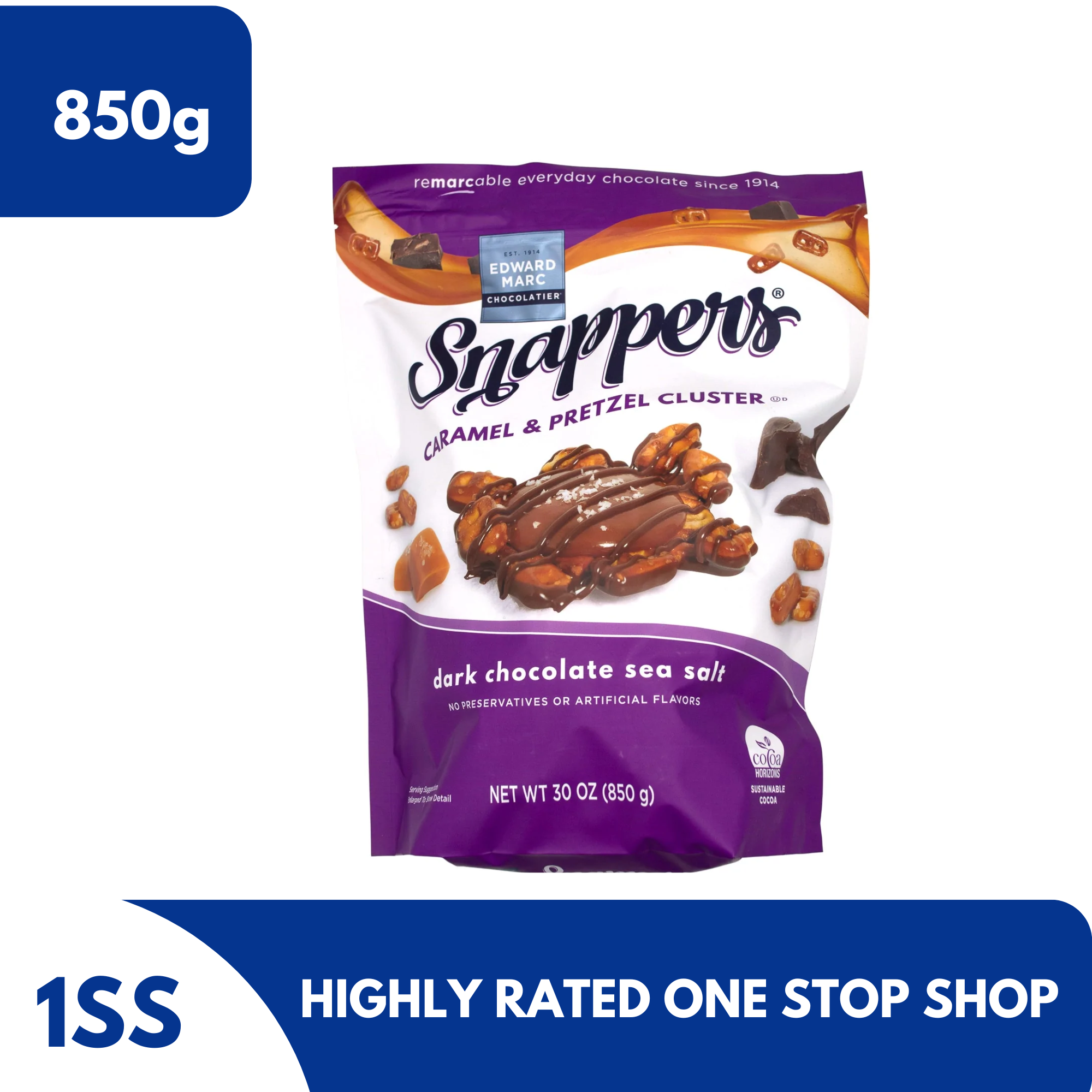 Snappers Caramel & Pretzel Cluster Dark Chocolate Sea Salt, 850g