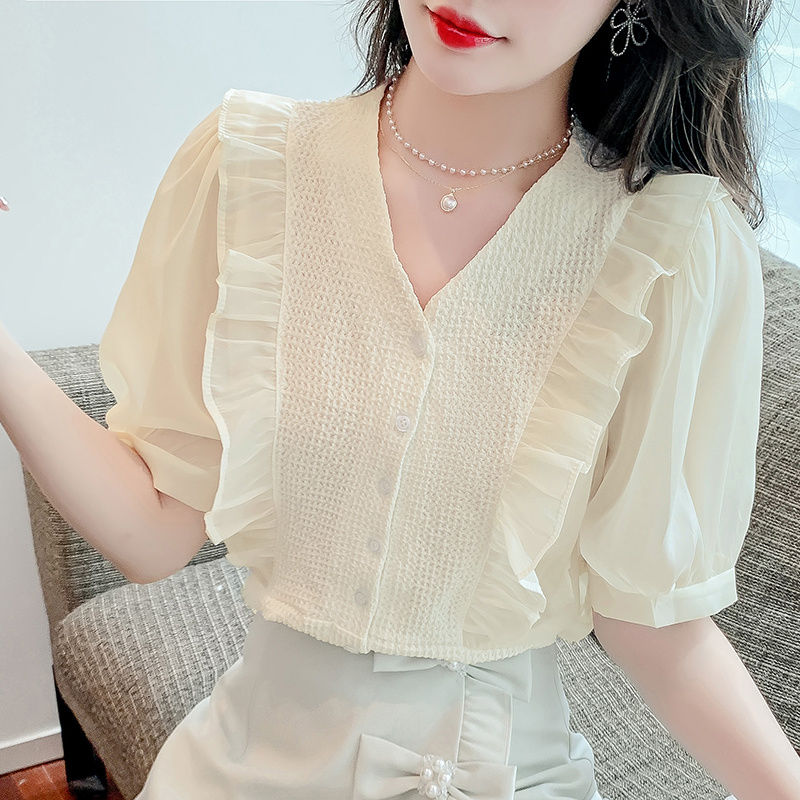 French bubble short-sleeved shirt 2023 new V-neck ruffled temperament thin chiffon shirt thin section