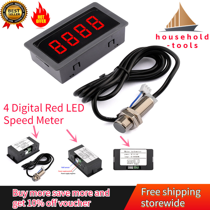 【household-tools】4 Digital Red LED Tachometer RPM Gauge Speed Meter ...