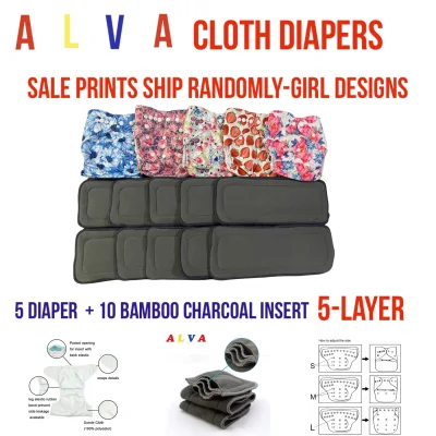 ALVA BABY CLOTH DIAPER WITH WASHABLE 10 PCS 5-LAYER BAMBOO CHARCOAL Insert SALE PRINTS SHIP Random GIRL Designs Only