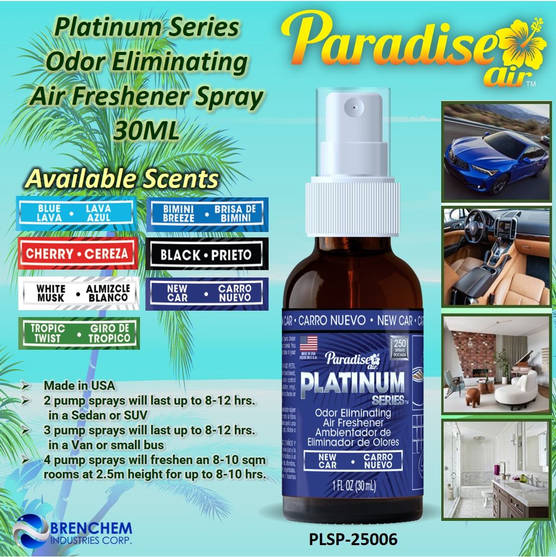 2 Paradise Platinum Air Freshener Spray Odor Eliminator Car