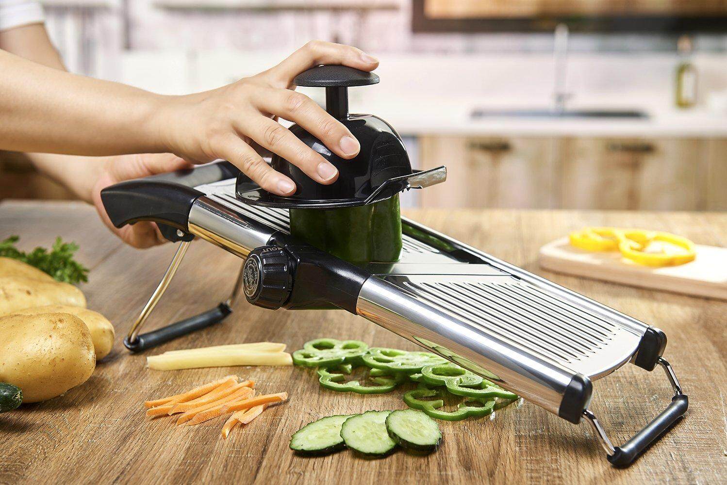  Adjustable Mandoline Slicer by Chef's INSPIRATIONS. Best For  Slicing Food, Fruit and Vegetables. Professional Grade Julienne Slicer.  With Cut Proof Gloves and Cleaning Brush. Stainless Steel : Home & Kitchen