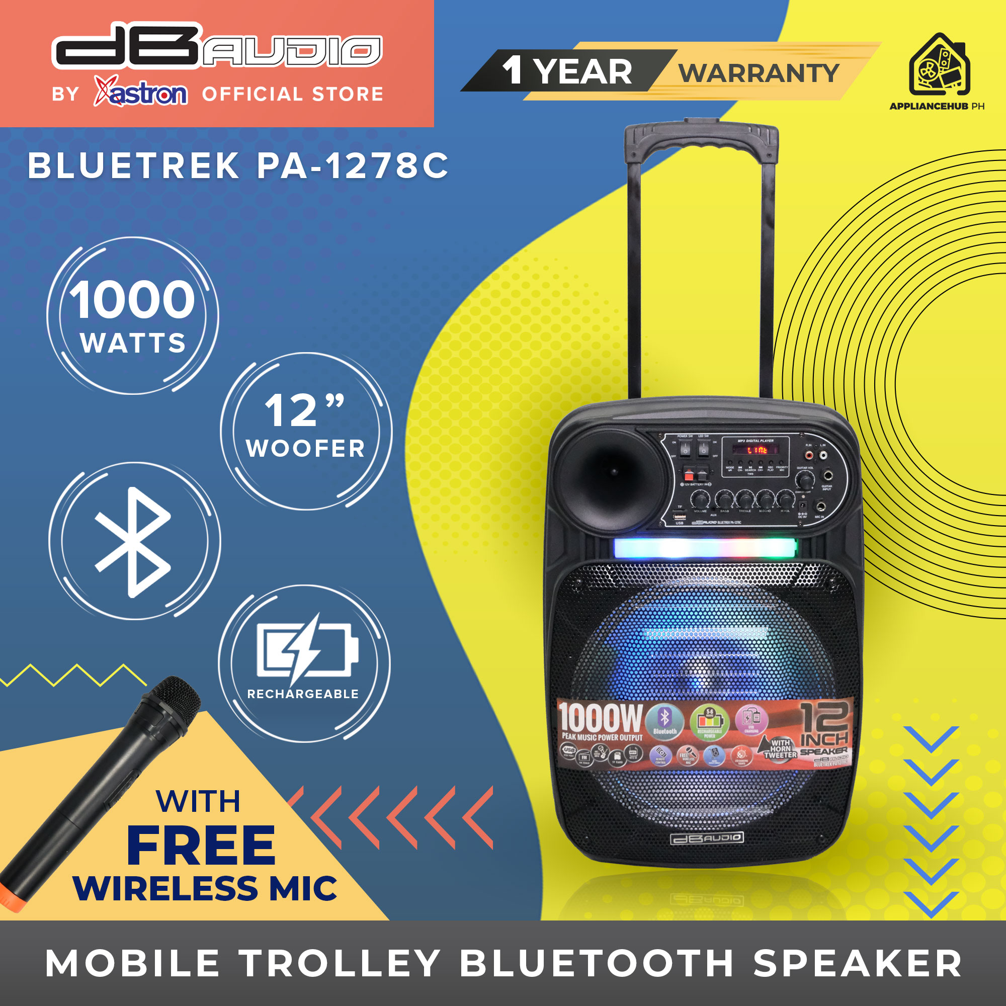 DB Audio by Astron BLUETREK PA1278C Portable Mobile Trolley Bluetooth Speaker (1000W) (12