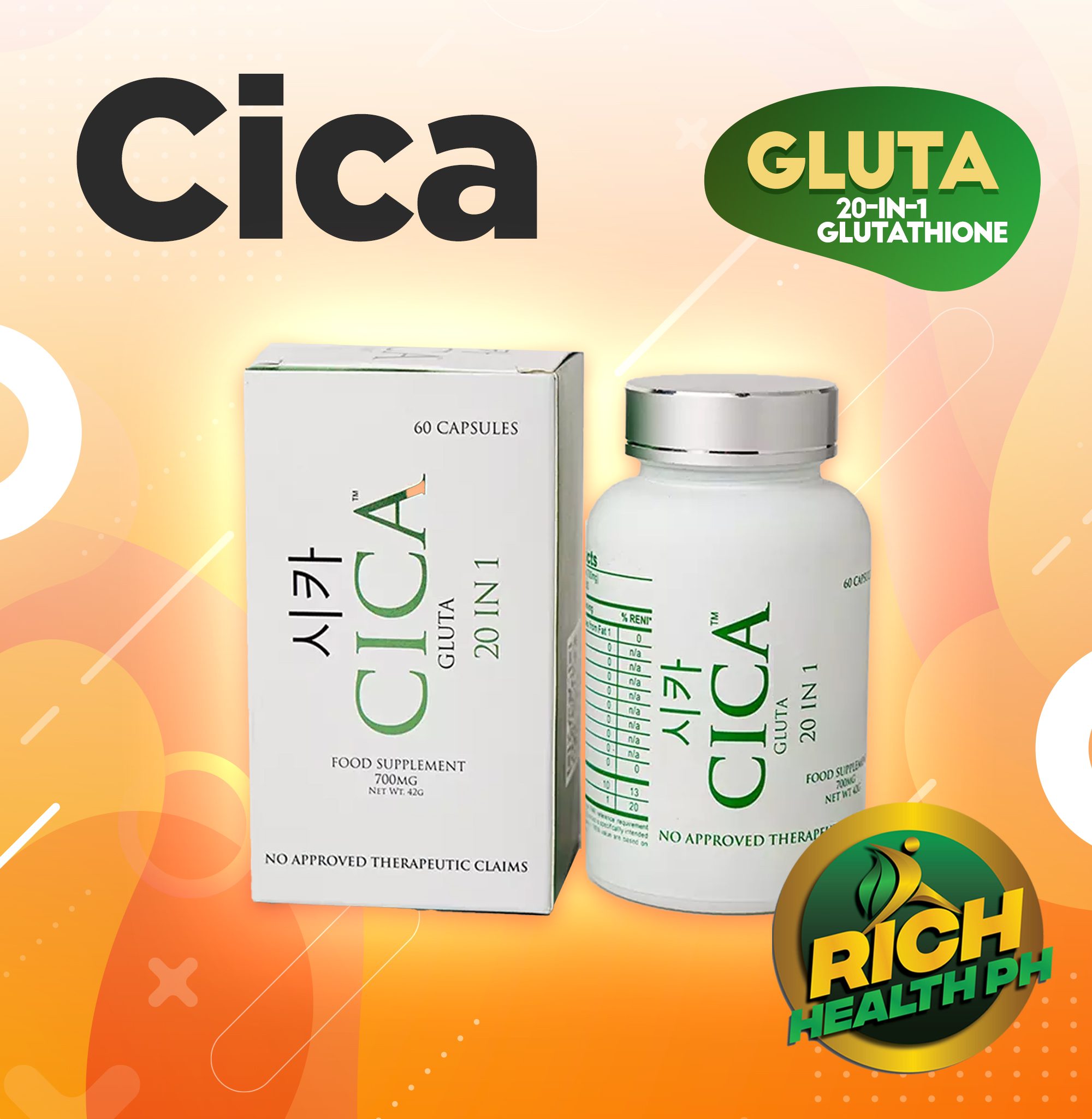 CICA GlutaSlim 20in1 700mg/capsules 60caps Glutathione, Centella Asiatica,  Oral Sunblock with FREEBIE