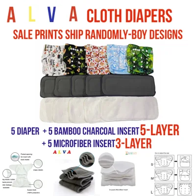5 Pcs Washable Alva Cloth Diaper 5 3-LAYER MF & 5-LAYER BC Insert SALE PRINTS SHIP Random BOY Designs Only
