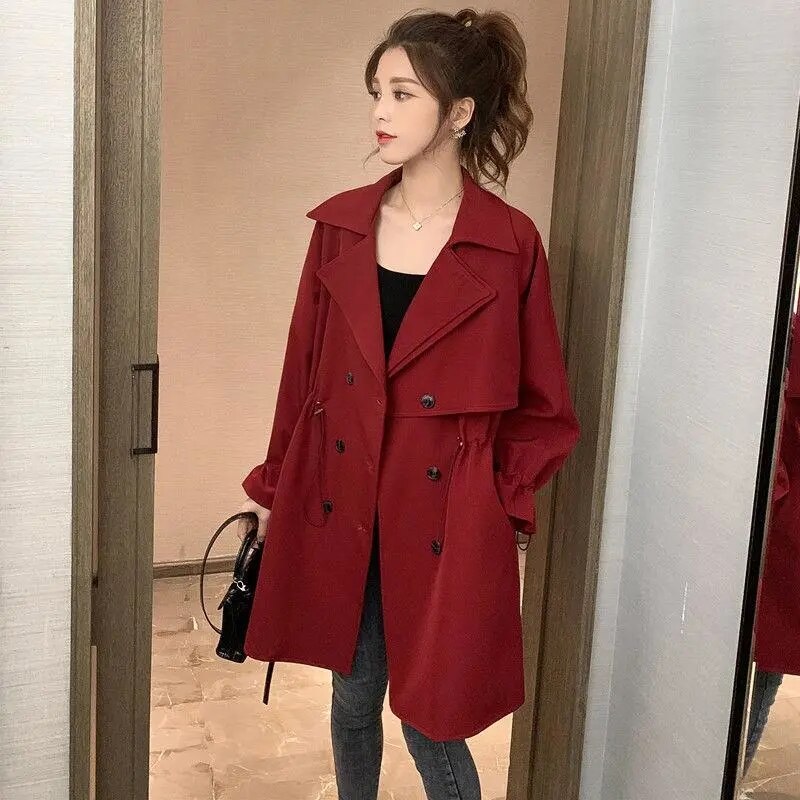 2023 New Women Trench Coat Autumn Lapel Double Breasted Drawstring Lightweight Casual Mid Long Ladies Windbreaker Outwear Female