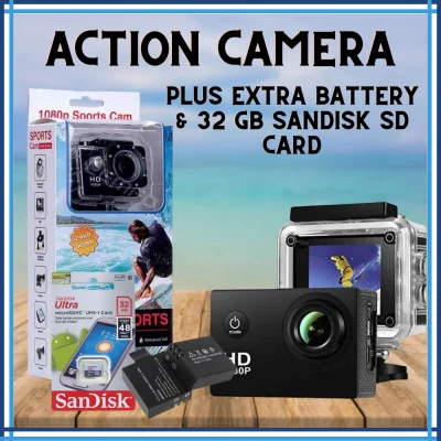 【 EXTRA BATTERY + 32GB SD CARD 】 SPORTS CAM Extreme HD 1080P Action Camera Motorcycle Recorder Bicycle Recorder 1080P 2.0 LCD Screen Waterproof 30M DV Recording Mini Skiing Bicycle Photo Video Cam Sports Action Camera With Waterproof Case