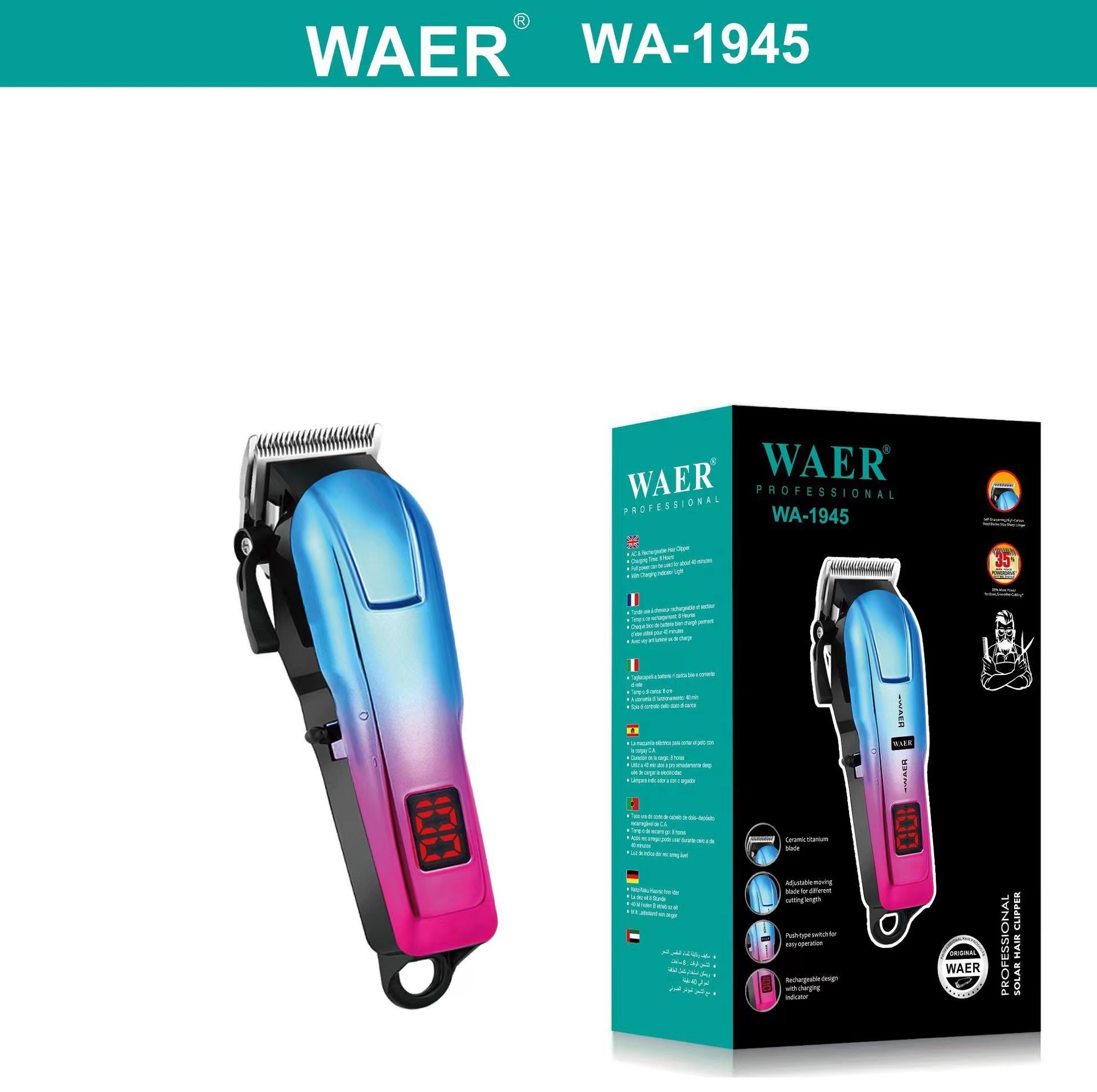 WAER Colour Gradient Electric Hair Clipper LED Power Display Adjustable