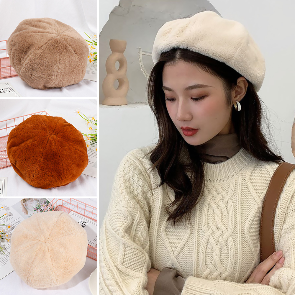 Fashion Pure Color Winter Warm Plush Classic Ladies Beret Vintage Female Bonnet
