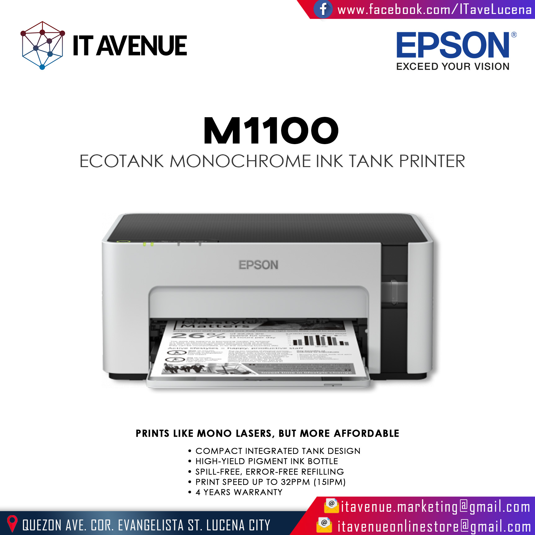 Epson Ecotank Monochrome M1100 Ink Tank Printer Lazada Ph 1986