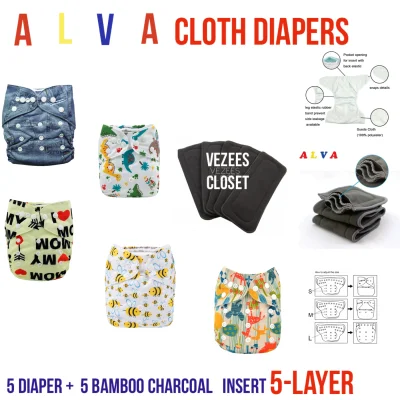 Alva baby Washable Cloth Diapers 5 SETS WITH 5-LAYER BAMBOO CHARCOAL INSERT EACH