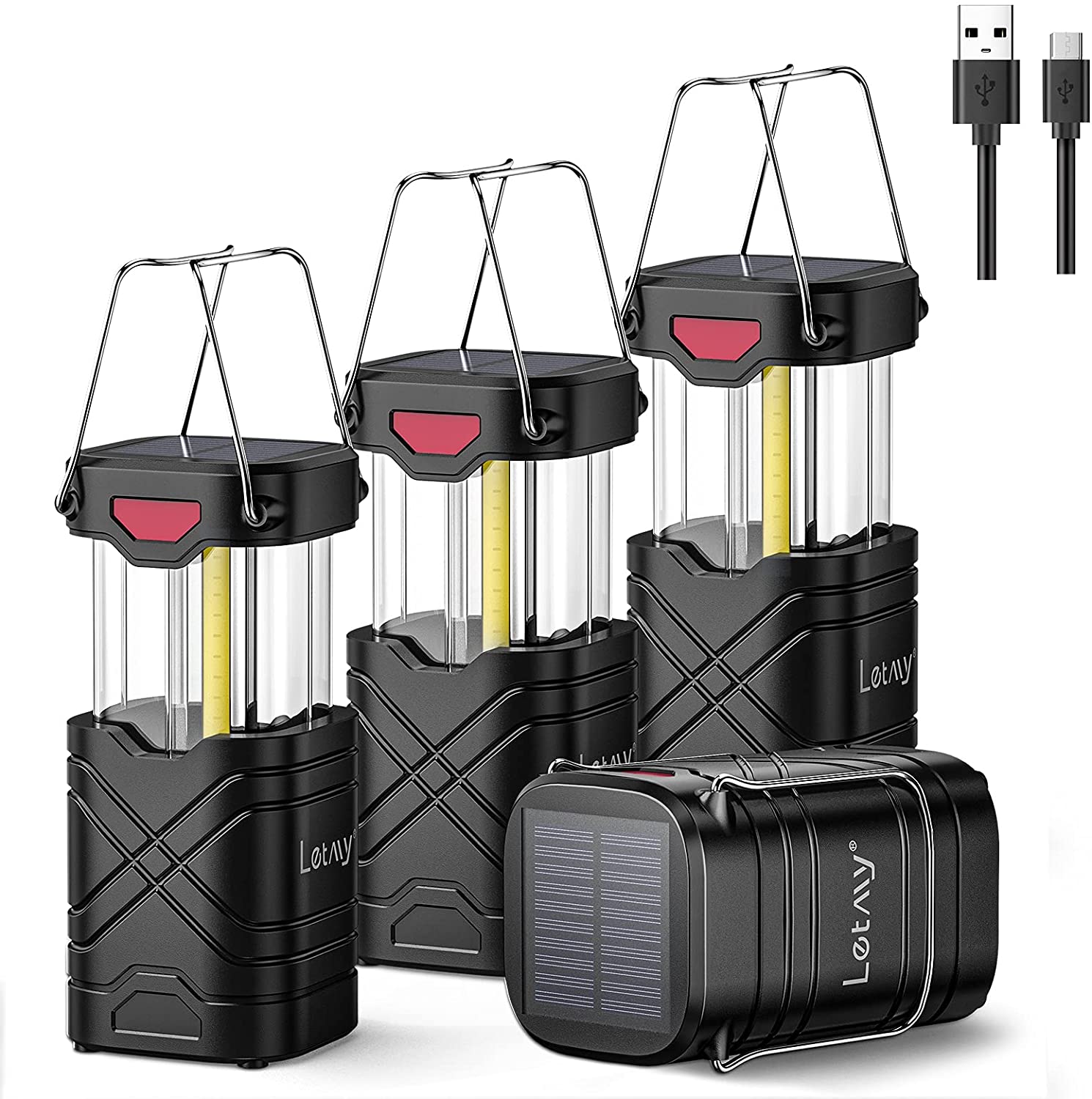 LETMY 4 Pack Camping Lantern, Rechargeable LED Lanterns, Solar Lantern  Battery Powered Hurricane Lantern Flashlights with 3 Powered Ways & USB  Cable for Emergency, Power Outage, Hurricane Supplies 