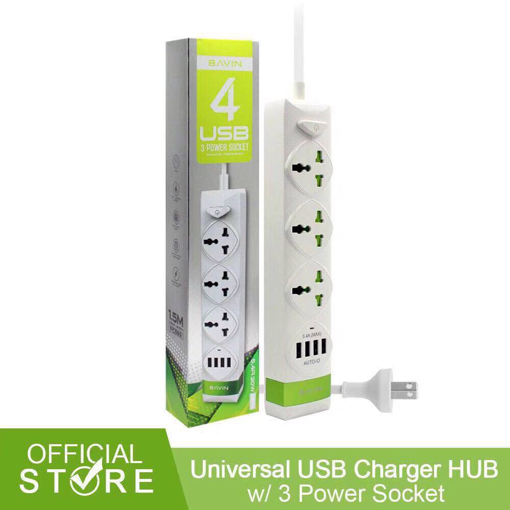 Bavin 5.4A Wire Extension 3 Power Socket w 4 USB Charger Hub Slot PC