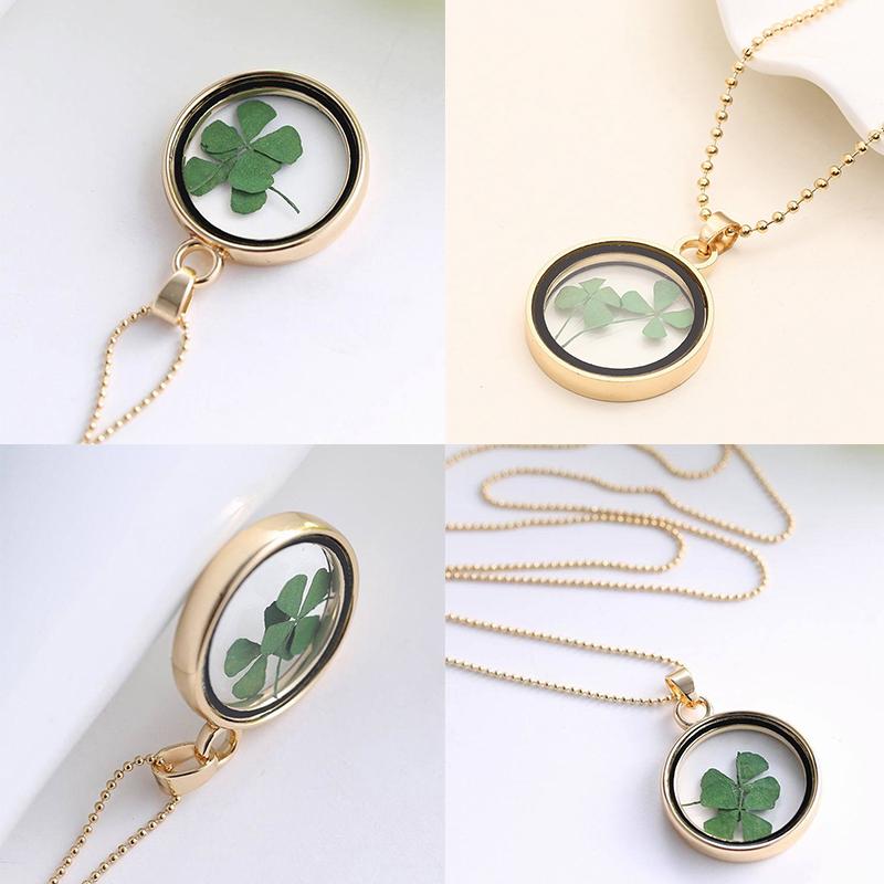 Natural Real Dried Clover Flower Clear Resin Locket Pendant Necklace Four-Leaf