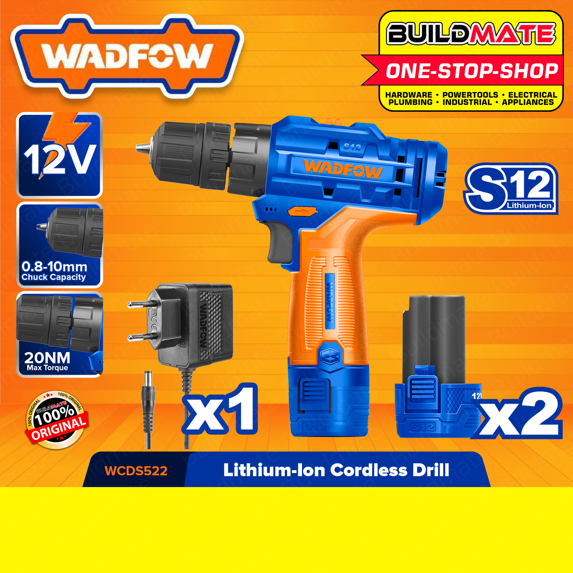 WADFOW LithiumIon LiIon Cordless Drill Gun 12V With Battery & Charger