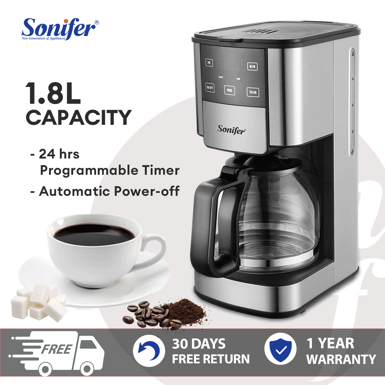 Sonifer SF3541 1050W 2-in-1 Drip Coffee Machine, 1200mL/10 Cups,  Ground/Beans Coffee Maker, Digital Display, Keep Warm 