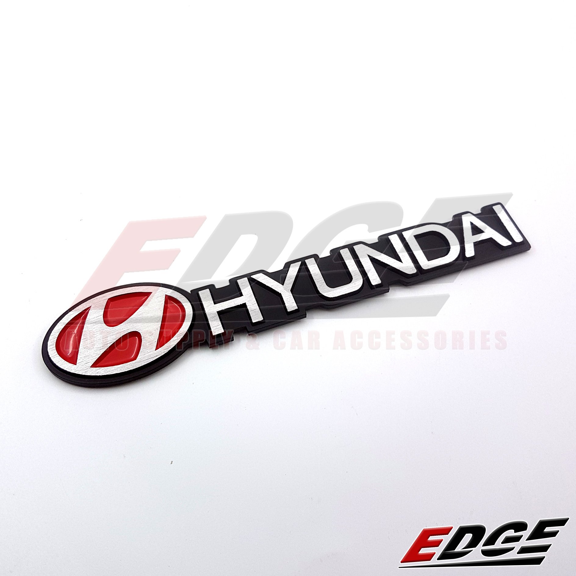 Emblem HYUNDAI w/ Logo Aluminum Red/Black 3.2x23cm // adhesive ready sticker name plate