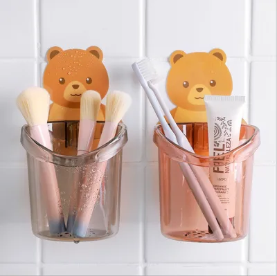 Wall Mount Toothbrush and Toothpaste Cup Holder Case,Free Punch Bathroom Bear Storage Cup Rack, Bathroom Accessories
