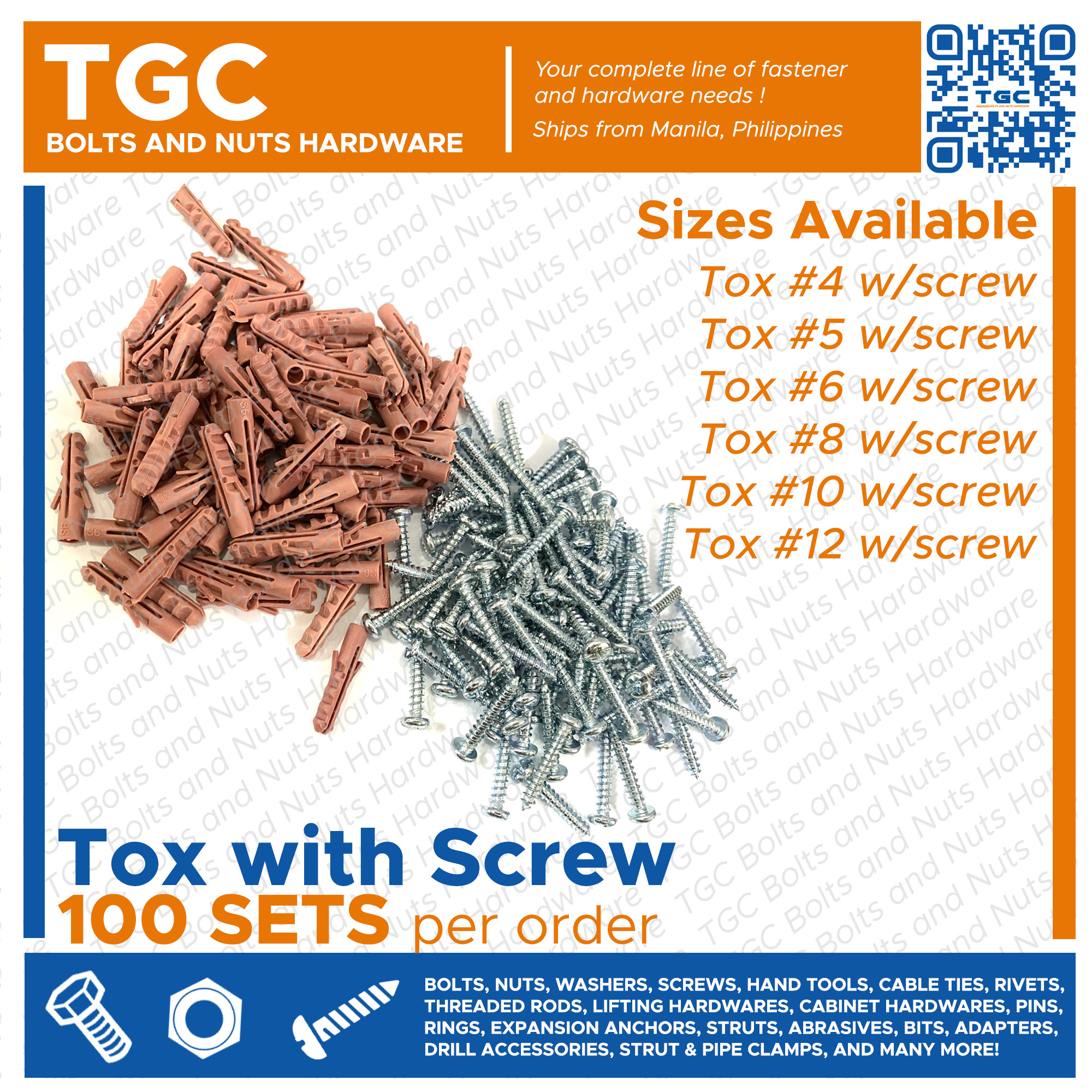TGC 100SETS Tox with Metal Screw or Tox Screw 4 5 6 8 10 12 Tox with