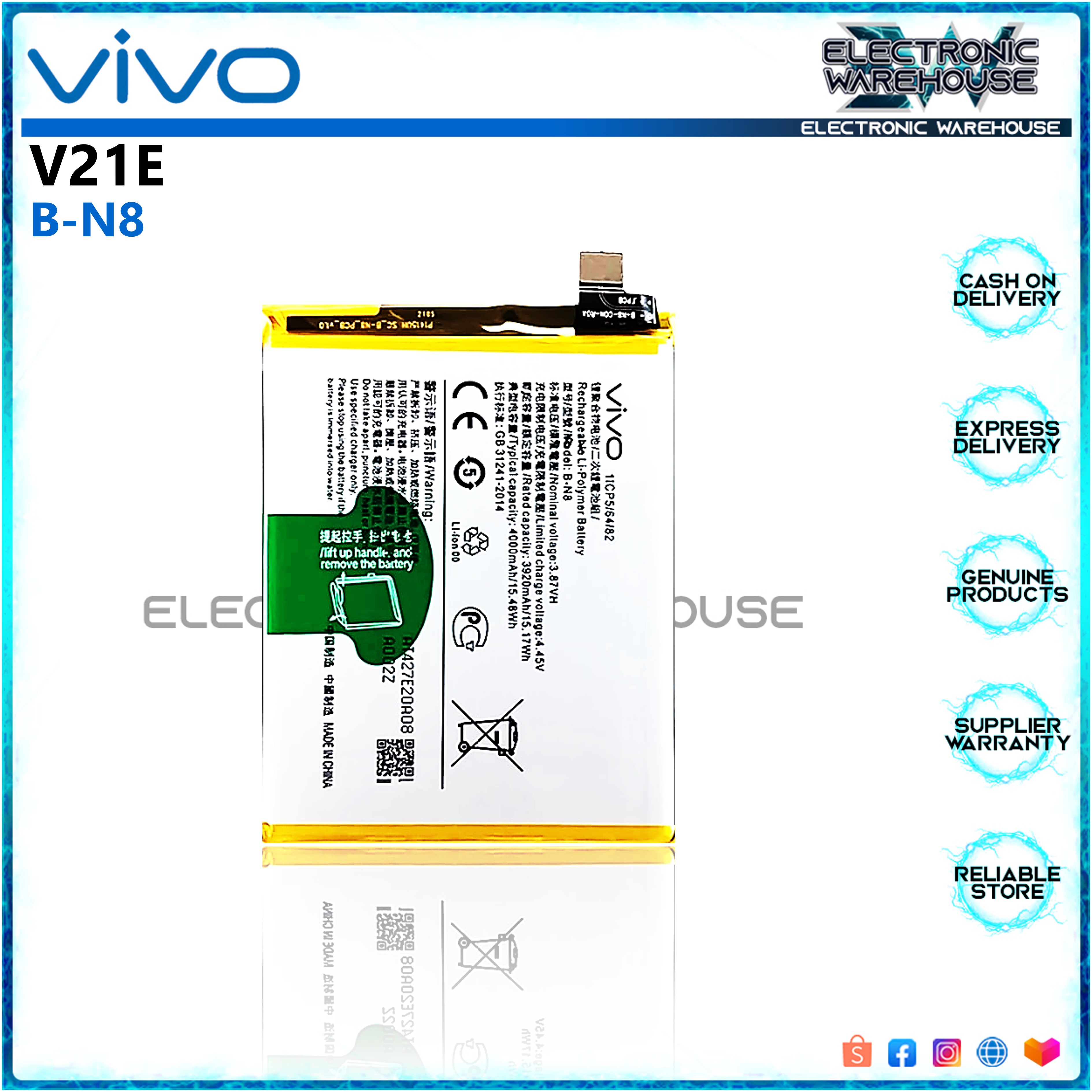 New Vivo V21e Battery BN8 4000mAh Capacity Lazada PH