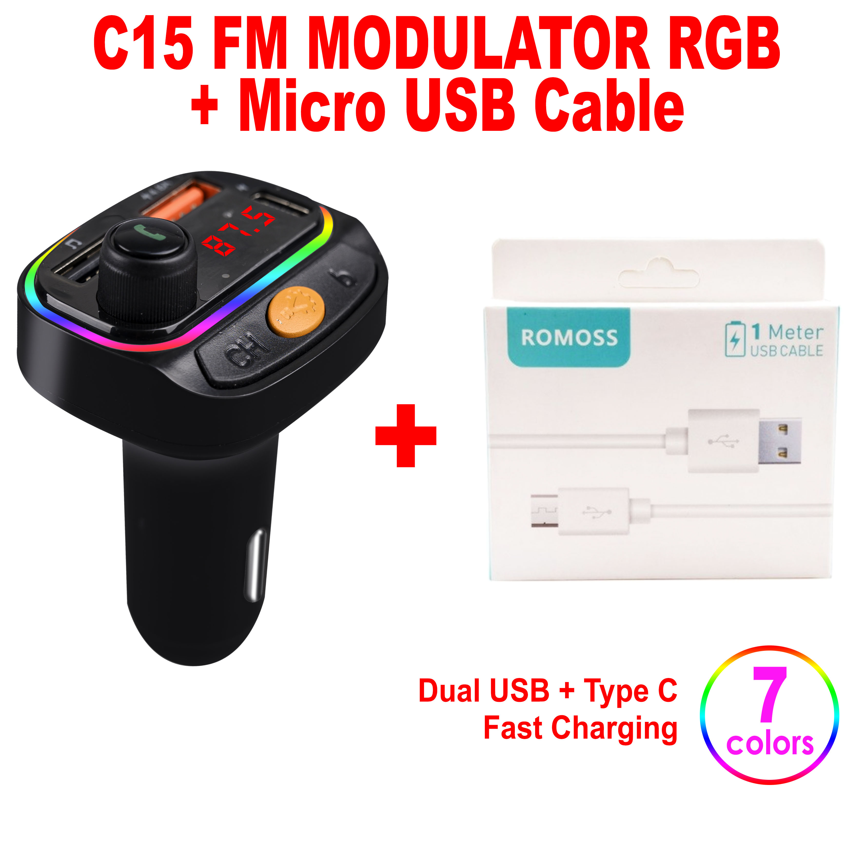 FM Modulator Transmitter Aux Dual USB w/ Type C PD Charger RGB Light