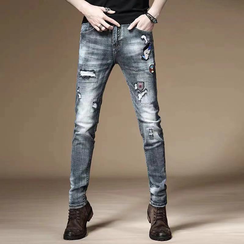 ZABA# Korean embroidered ripped jeans for men skinny stretchable pants ...