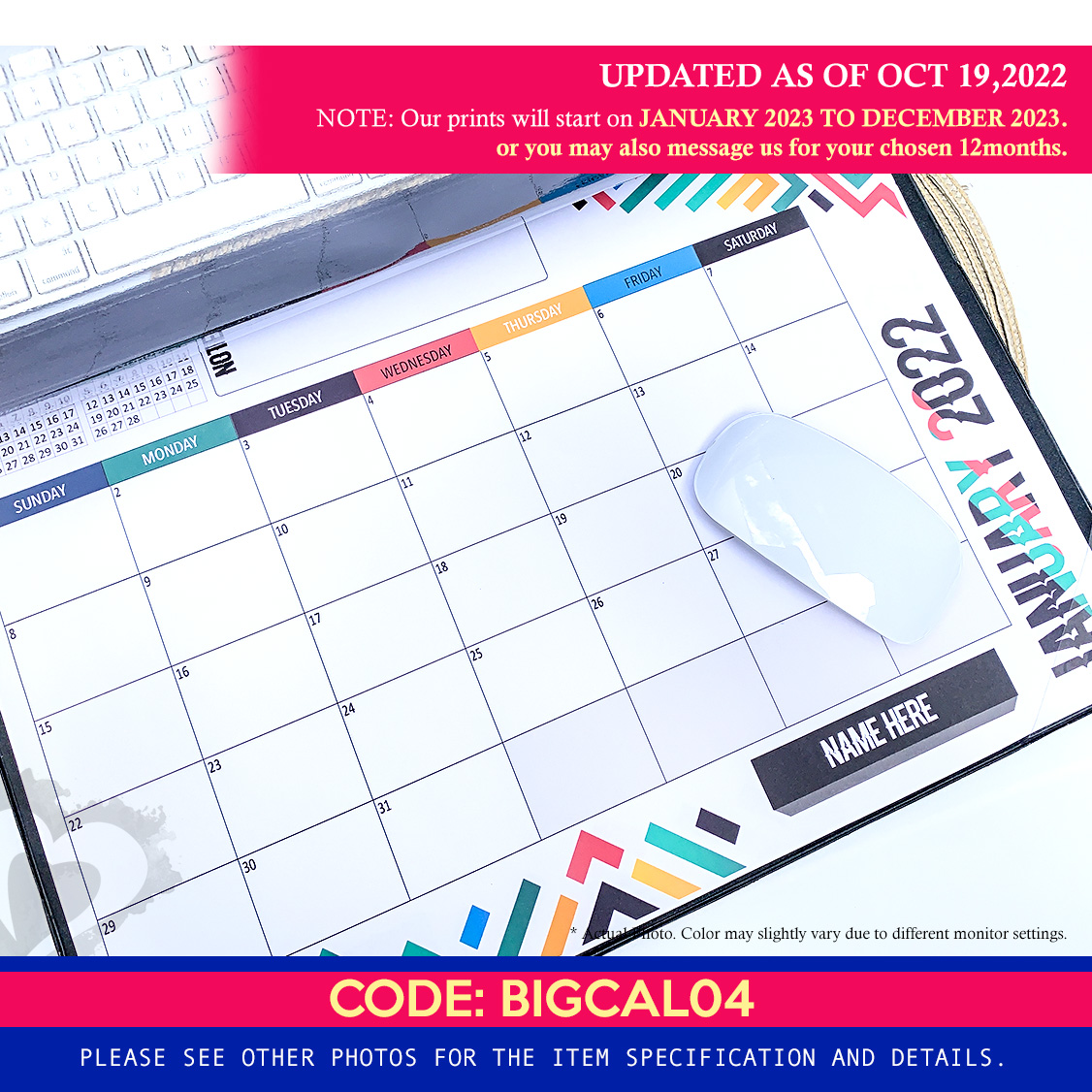 Big Flat Desk Calendar with cute design and FREE NAME for Gifts or