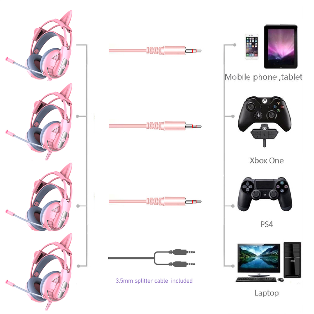 Pink Headphones with Mic and Noise cancellation RGB LED light Cat