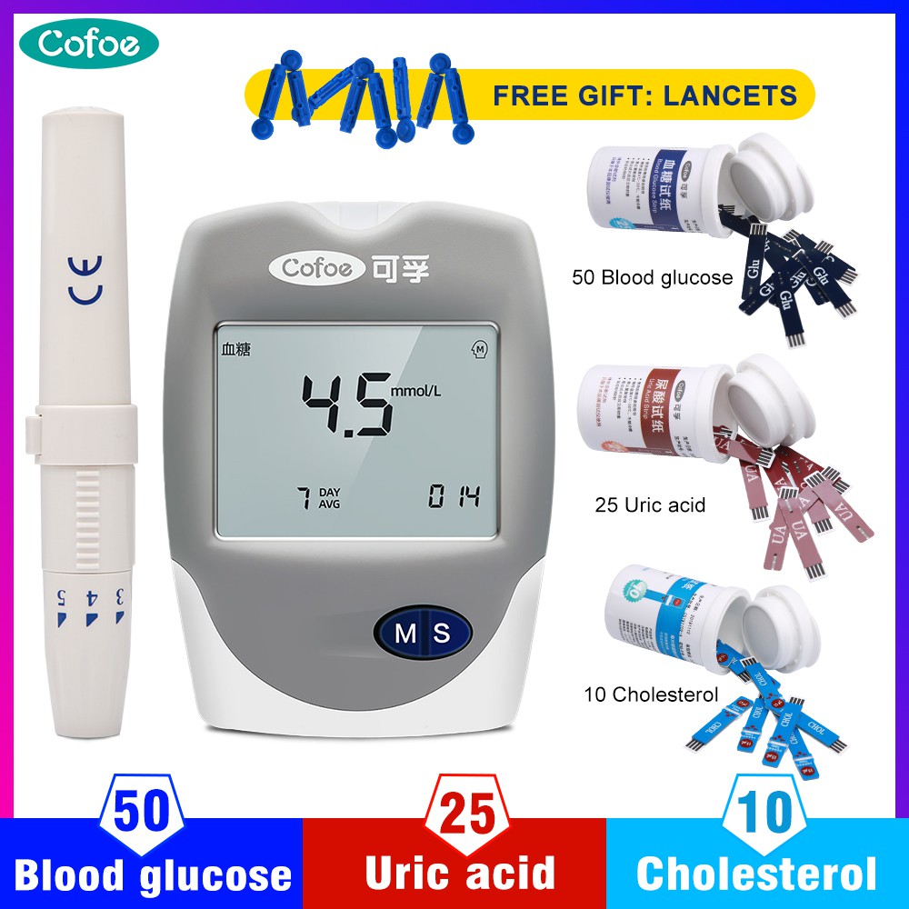 Cofoe 3 in 1 Cholesterol Uric Acid Blood Glucose household meter Health  Care with test strips monitor Accurate for Diabetes De