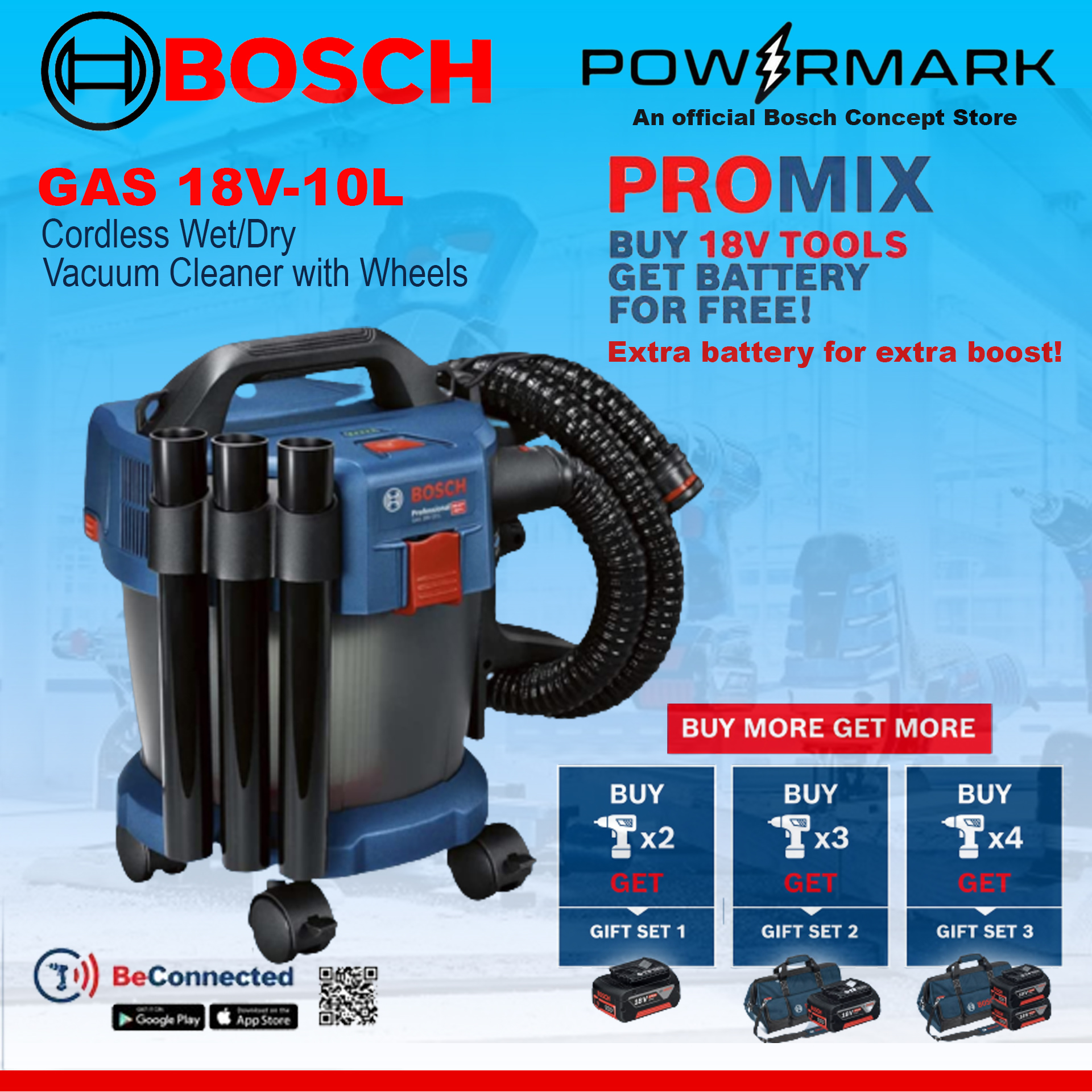 BOSCH GAS 18V10L Cordless Wet/Dry Vacuum Cleaner with Wheels