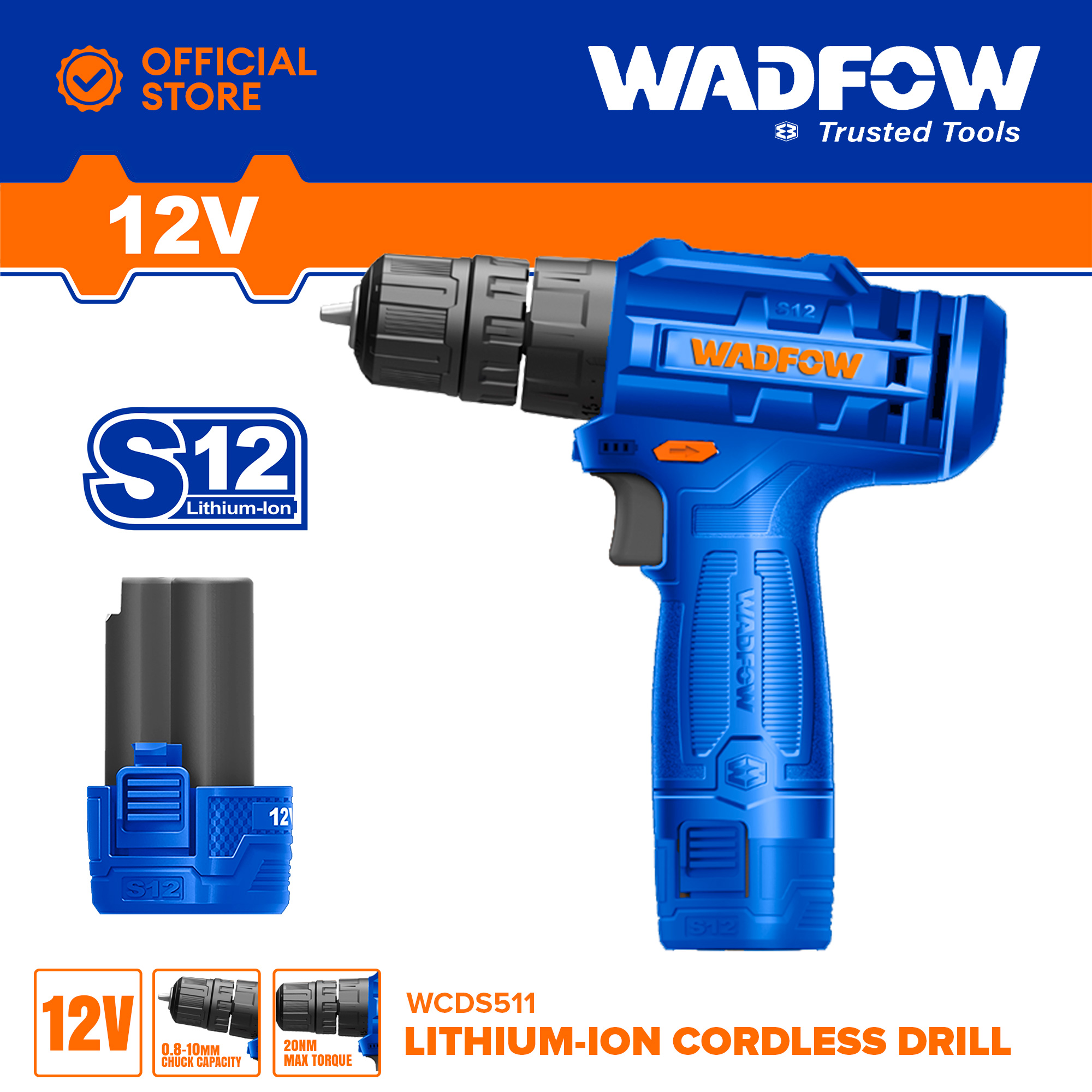 WADFOW LithiumIon LiIon Cordless Drill Gun 12V With Battery & Charger