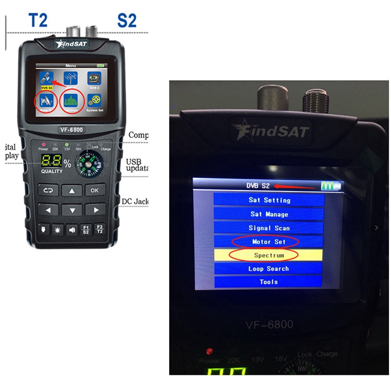 Satellite Finder Mètre SAT Finder VF 9930 DVB-S2/T2 MPEG4 DVB H.265 Satellite TV Finder Récepteurs De Tv HD Satellite Récepteur Compteur Signal Test 4.3 Pouces LCD pour régler l'antenne parabolique