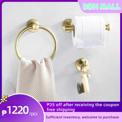 Bathroom Hardware Accessories Set 3-Piece Gold Brushed Bathroom Hardware Sets Modern Towel Ring Robe Hook Hanger Toilet Paper Holder Heavy Duty Stainless Steel Wall Mounted
