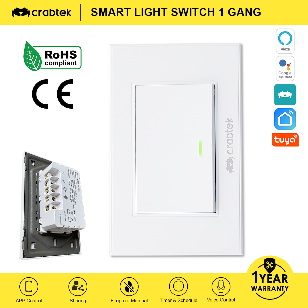 Crabtek Smart WiFi Push Button Automated Smart Light Switch 1 Gang