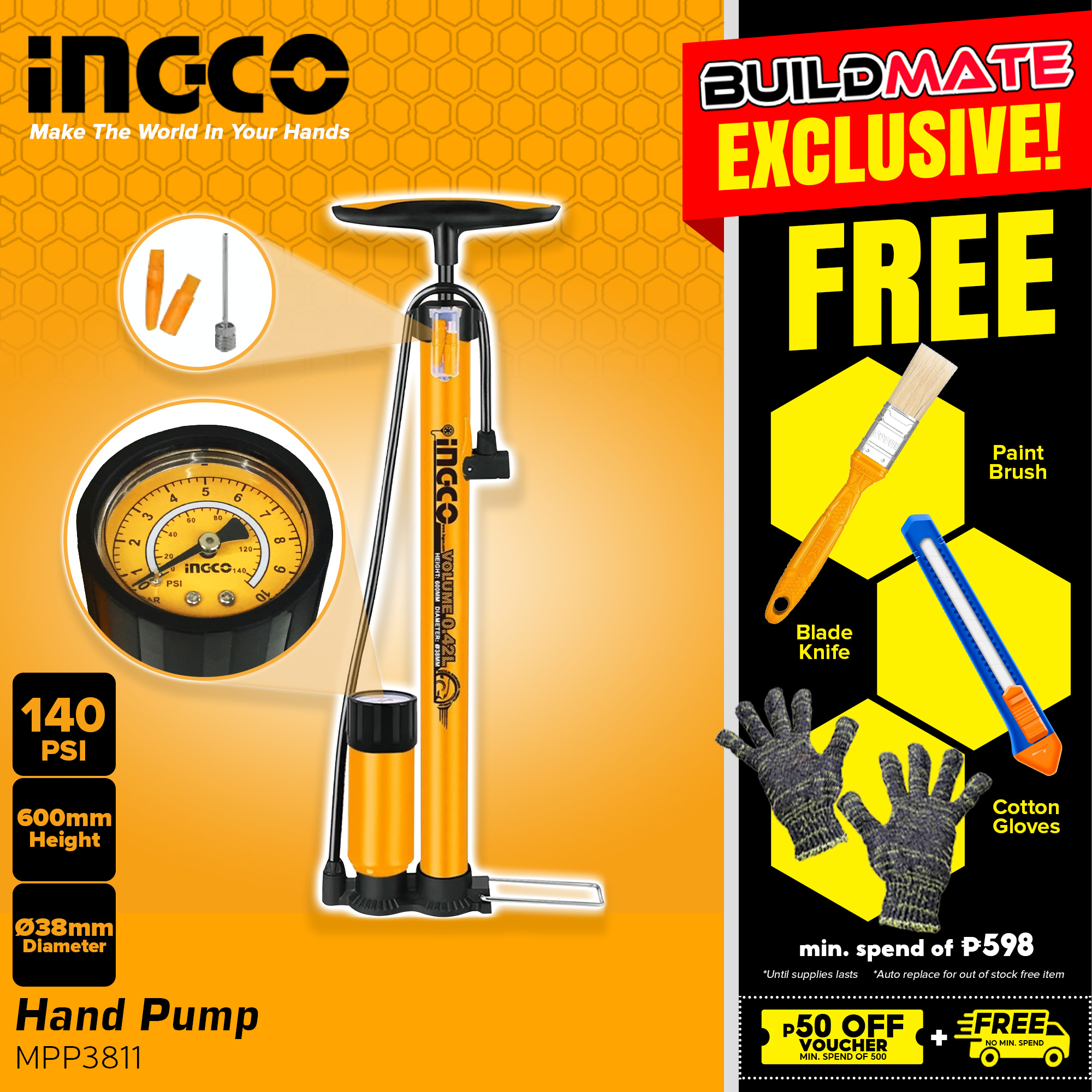 INGCO Tire Hand Pump Air Inflator 140PSI MPP3811 •BUILDMATE• HT2