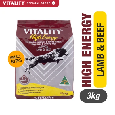 VITALITY High Energy Lamb and Beef Dry Dog Food (3kg) - Small Bites for Small Breeds - for puppies, pregnant females, & show dogs