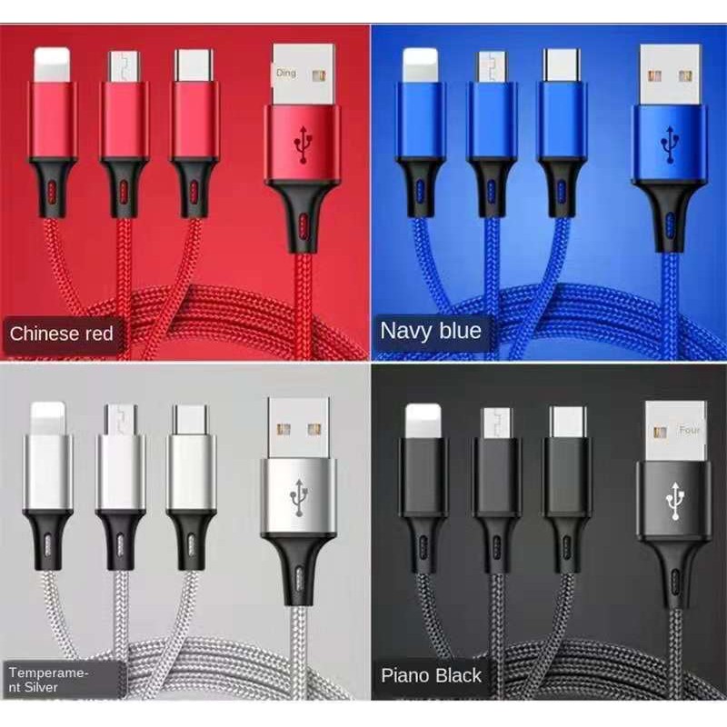 3 in 1 USB Charging Cable 2.4A Fast Charger Cable Type C / Lightning iPhone IOS / Android Micro
