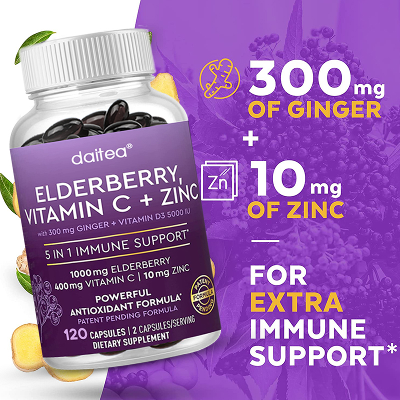 5 In 1 Vitamin C, Zinc, Vitamin D3 Complex 5000 IU Ginger (120 Capsules) Antioxidant In Immune