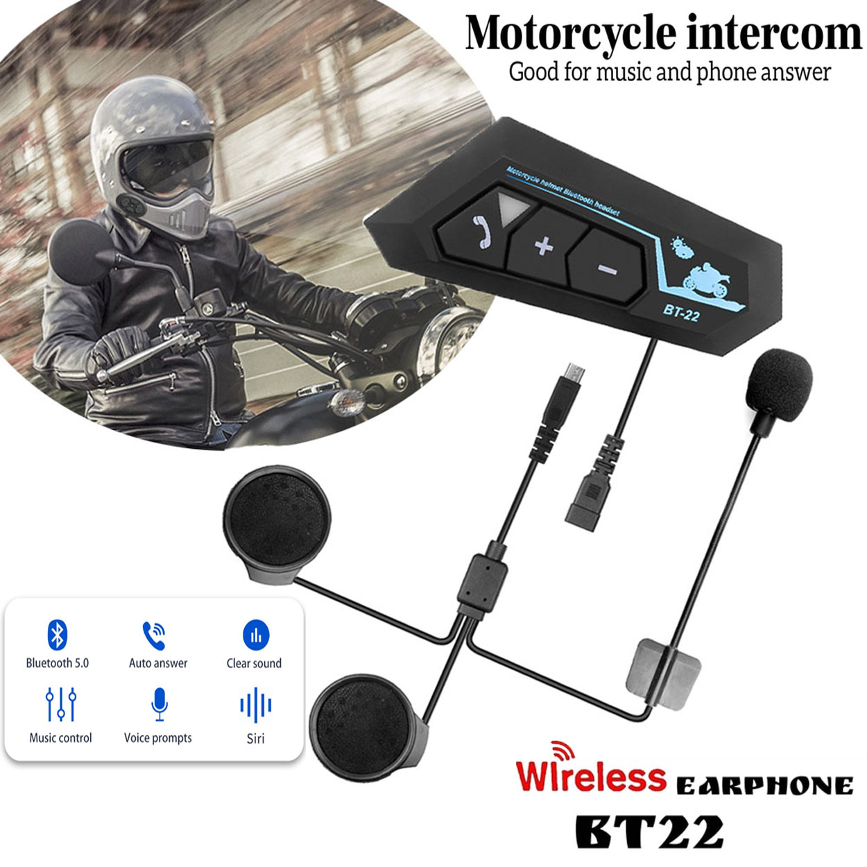 BT22 Bluetooth 5.0 Motor Helmet Headset Wireless Handsfree Stereo