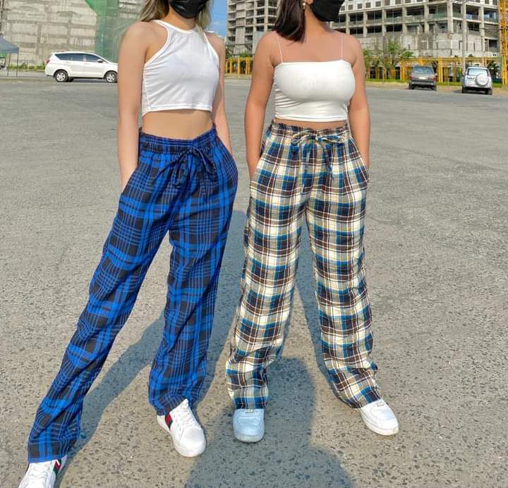 PRANELA Pants Cotton Checkered Plaid 