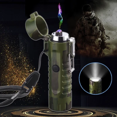 Green Flashlight Lighter Outdoor Waterproof Dual Arc Lighter Rechargeable Zippo Style Windproof Plasma Arc Electronic Electric Lighter