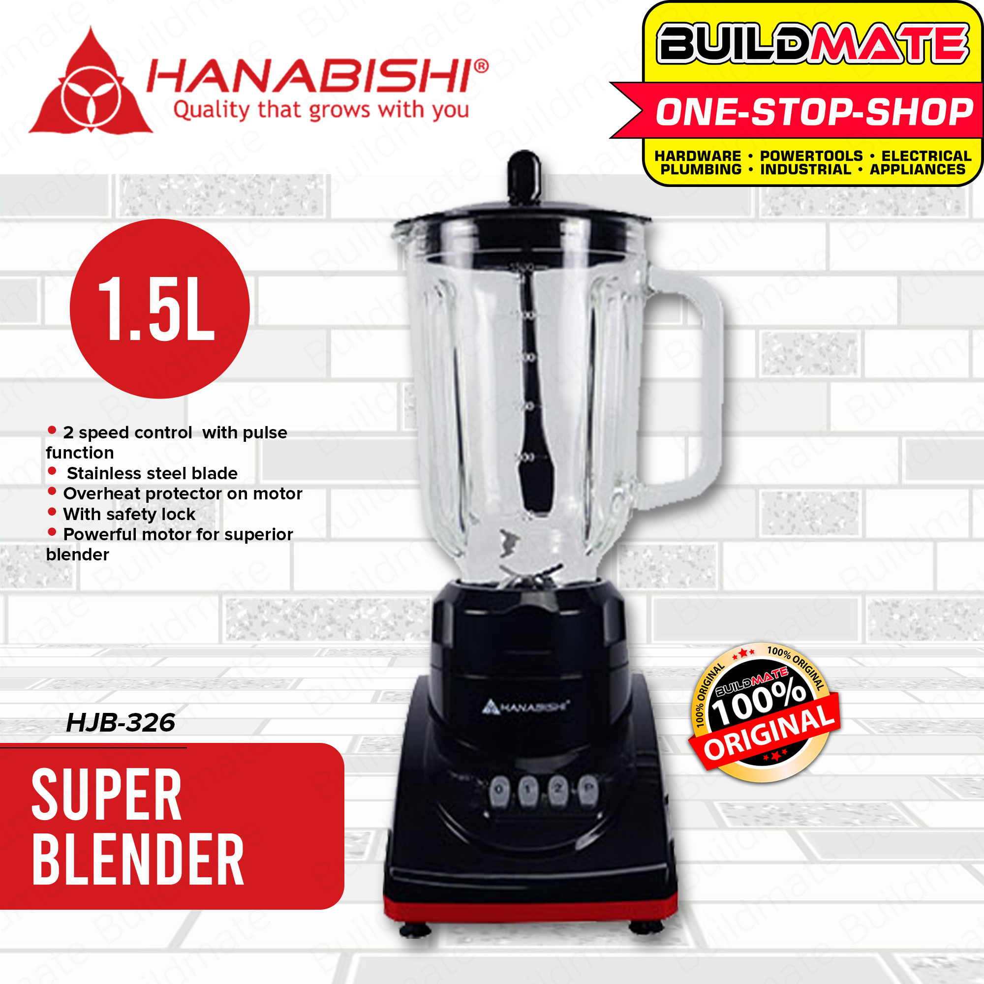 HANABISHI Juice Blender Juicer Portable 1.5L with 2 Speed Control Pulse