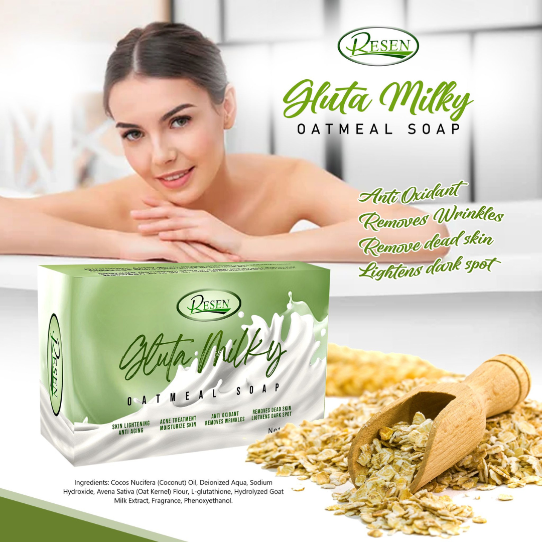 RESEN Gluta Milky Oatmeal Soap, It contains glutathione and goat milk to help improve skin tone, whitens skin, acne spots and provides fairer, more 